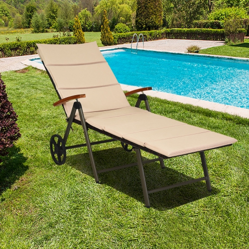 Costway Folding Outdoor Pool Chaise Lounge Chair Aluminum Rattan Lounger Recliner Chair with Wheels