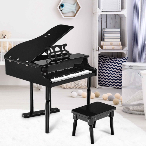 Piano Classique à Queue en Bois pour Enfants,Jouet Piano Musical à 30 Touches avec Banc et Pupitre,Dimension Total 50 x 52 x 51CM, Cadeau Idéal pour