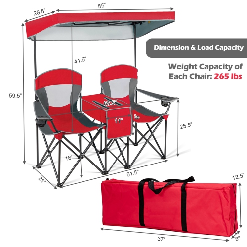 Gymax Folding 2-person Camping Chairs Double Sunshade Chairs w/ Canopy Blue/Turquoise/Red