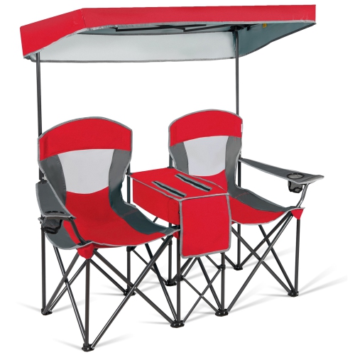 Gymax Folding 2-person Camping Chairs Double Sunshade Chairs w/ Canopy Blue/Turquoise/Red