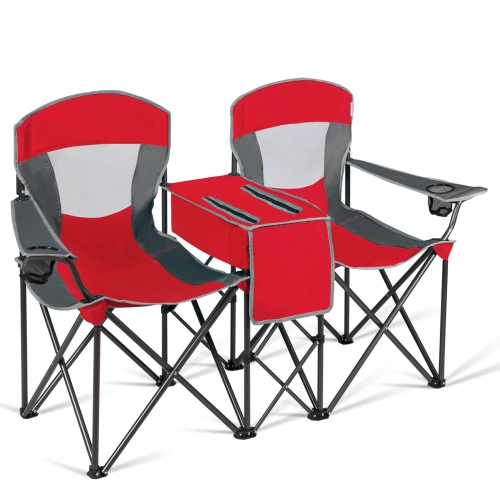 Gymax Folding 2-person Camping Chairs Double Sunshade Chairs w/ Canopy Blue/Turquoise/Red