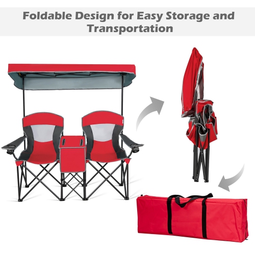 Gymax Folding 2-person Camping Chairs Double Sunshade Chairs w/ Canopy Blue/Turquoise/Red