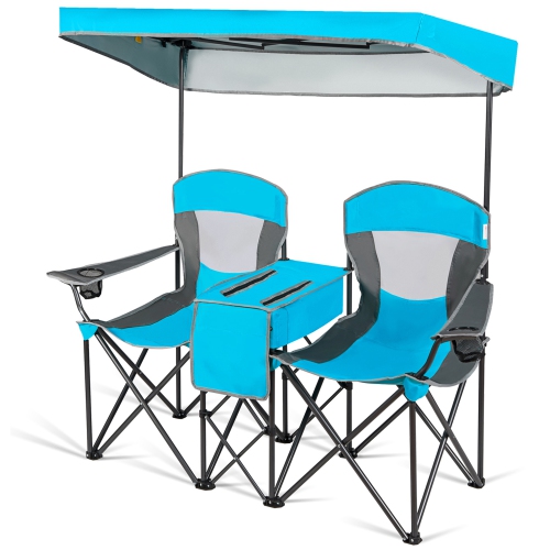 Gymax Folding 2-person Camping Chairs Double Sunshade Chairs w/ Canopy Blue/Turquoise/Red