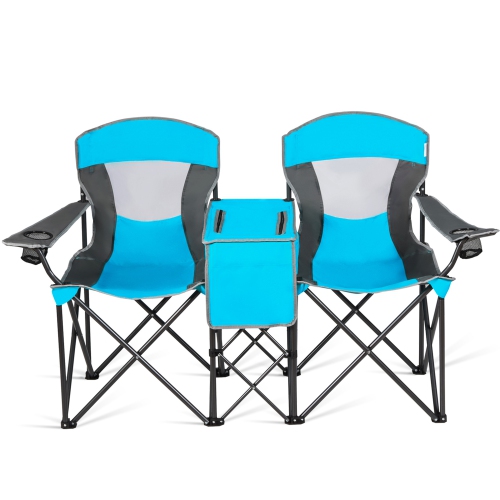 Gymax Folding 2-person Camping Chairs Double Sunshade Chairs w/ Canopy Blue/Turquoise/Red