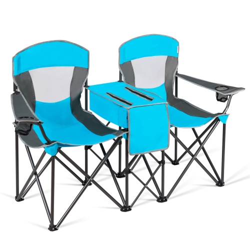 Gymax Folding 2-person Camping Chairs Double Sunshade Chairs w/ Canopy Blue/Turquoise/Red