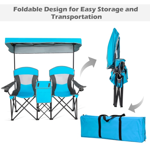 Gymax Folding 2-person Camping Chairs Double Sunshade Chairs w/ Canopy Blue/Turquoise/Red