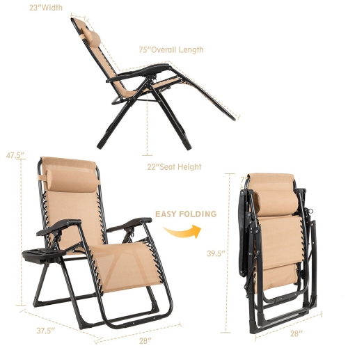 Costway Zero Gravity Chair Oversize Lounge Chair Patio Heavy Duty Folding Recliner Beige