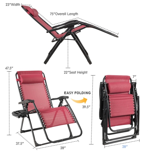 Costway Zero Gravity Chair Oversize Lounge Chair Patio Heavy Duty Folding Recliner Wine