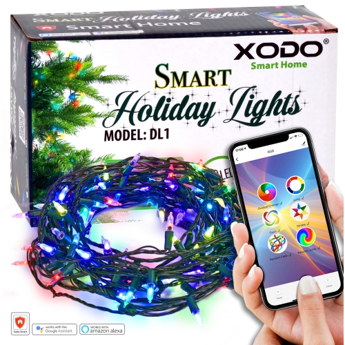 XODO  Wi-Fi Controlled Outdoor Smart Christmas Led String Lights - 100 Clear RGB Bulbs, Works With Alexa & Google