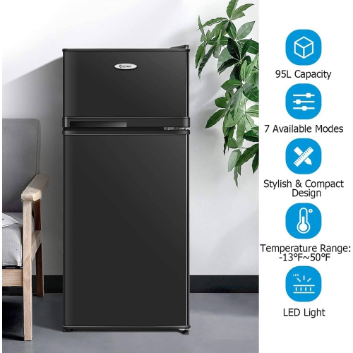 Costway 2 Doors 3.4 cu ft. Unit Stainless Steel Compact Mini Refrigerator Freezer Cooler