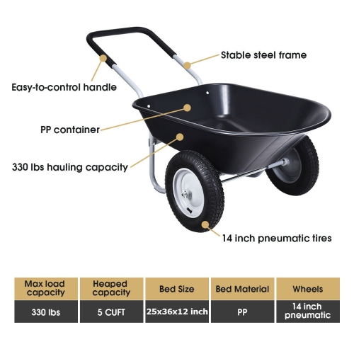 Costway 2 Tire Wheelbarrow Cart Heavy-duty Dolly Utility Cart Black