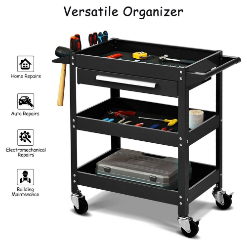 Costway Three Tray Rolling Tool Cart Mechanic Cabinet Storage ToolBox Organizer w/Drawer