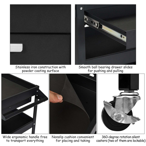 Costway Three Tray Rolling Tool Cart Mechanic Cabinet Storage ToolBox Organizer w/Drawer