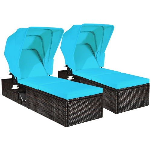 Costway 2PCS Patio Rattan Lounge Chair Chaise Cushioned Top Canopy Adjustable Turquoise