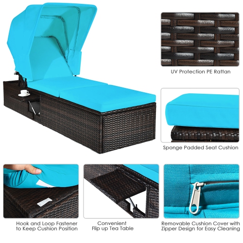 Costway 2PCS Patio Rattan Lounge Chair Chaise Cushioned Top Canopy Adjustable Turquoise