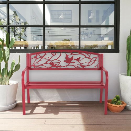 Costway Patio Garden Bench Park Yard Outdoor Furniture Cast Iron Porch Chair Red