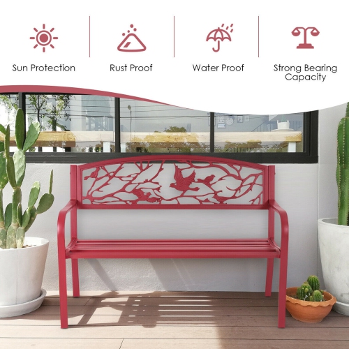 Costway Patio Garden Bench Park Yard Outdoor Furniture Cast Iron Porch Chair Red