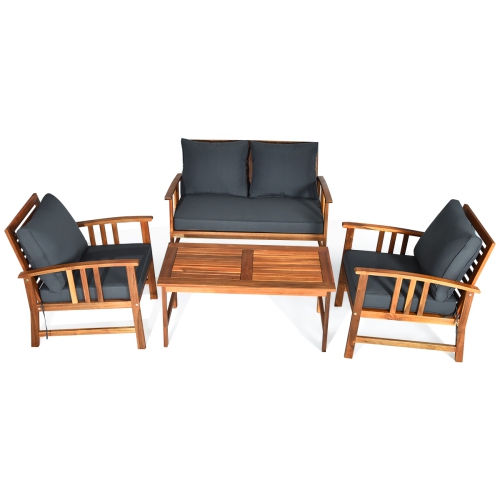 Costway 4PCS Wooden Patio Furniture Set Table Sofa Chair Cushioned Garden NEW