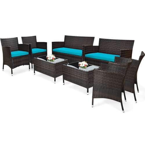 Costway 8PCS Rattan Patio Furniture Set Cushioned Sofa Chair Coffee Table
