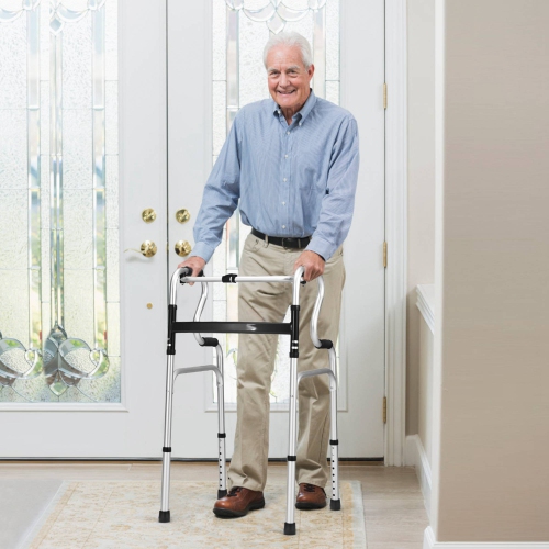 Costway One-button Folding Walker Aluminum Walking Frame w/ Adjustable Height