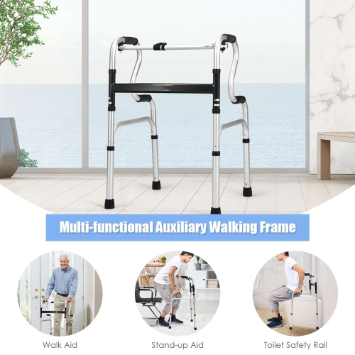 Costway One-button Folding Walker Aluminum Walking Frame w/ Adjustable Height