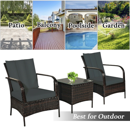 Costway 3 PCS Patio Wicker Rattan Furniture Set Coffee Table & 2 Rattan Chair W/Cushions