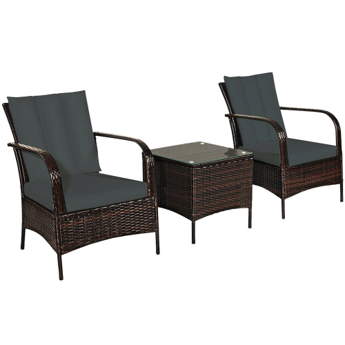 Costway 3 PCS Patio Wicker Rattan Furniture Set Coffee Table & 2 Rattan Chair W/Cushions