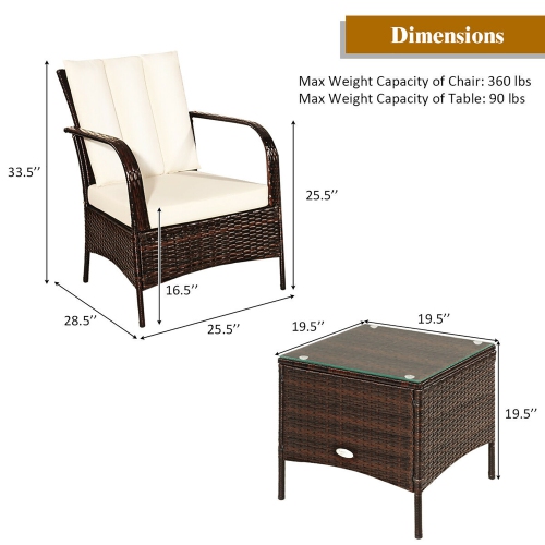 Costway 3 PCS Patio Wicker Rattan Furniture Set Coffee Table & 2 Rattan Chair W/Cushions