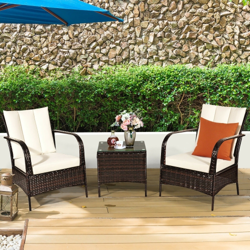 Costway 3 PCS Patio Wicker Rattan Furniture Set Coffee Table & 2 Rattan Chair W/Cushions