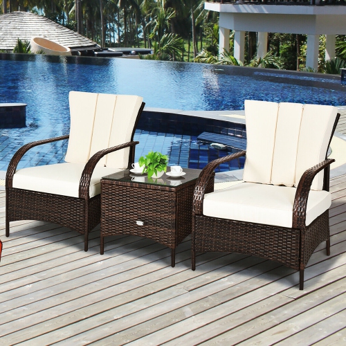 Costway 3 PCS Patio Wicker Rattan Furniture Set Coffee Table & 2 Rattan Chair W/Cushions