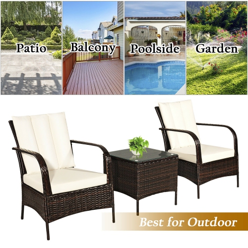 Costway 3 PCS Patio Wicker Rattan Furniture Set Coffee Table & 2 Rattan Chair W/Cushions