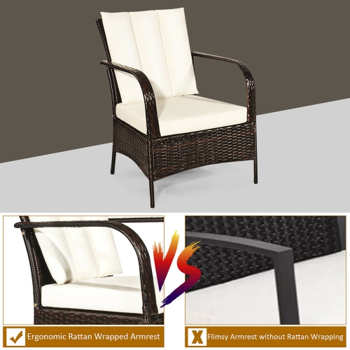 Costway 3 PCS Patio Wicker Rattan Furniture Set Coffee Table & 2 Rattan Chair W/Cushions