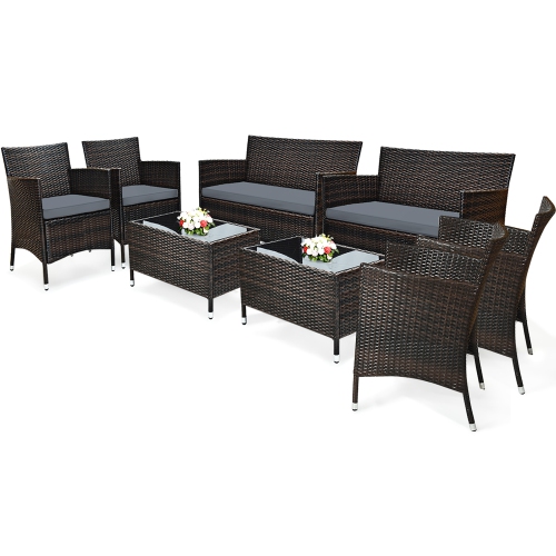Costway 8PCS Rattan Patio Furniture Set Cushioned Sofa Chair Coffee Table