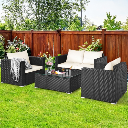 Costway 4 pc outdoor rattan furniture outlet set loveseat sofa cushioned patio garden steel