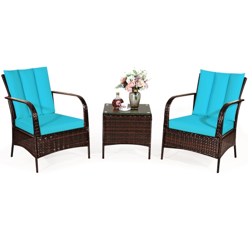 Costway 3 PCS Patio Wicker Rattan Furniture Set Coffee Table & 2 Rattan Chair W/Cushions