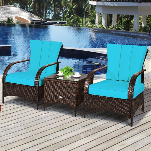 Costway 3 PCS Patio Wicker Rattan Furniture Set Coffee Table & 2 Rattan Chair W/Cushions
