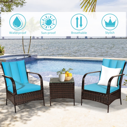 Costway 3 PCS Patio Wicker Rattan Furniture Set Coffee Table & 2 Rattan Chair W/Cushions