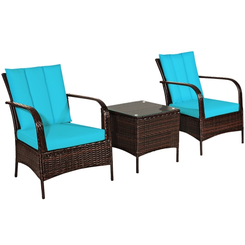 Costway 3 PCS Patio Wicker Rattan Furniture Set Coffee Table & 2 Rattan Chair W/Cushions