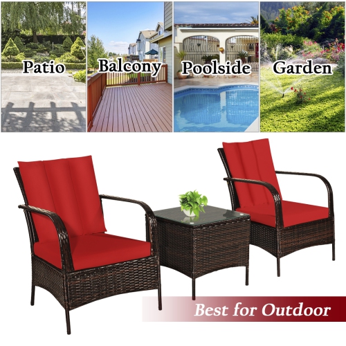 Costway 3 PCS Patio Wicker Rattan Furniture Set Coffee Table & 2 Rattan Chair W/Cushions