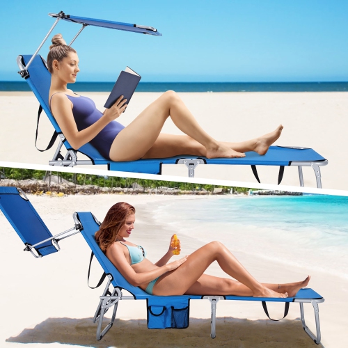 Costway Foldable Lounge Chair Outdoor Adjustable Beach Patio Pool Recliner W/Sun Shade