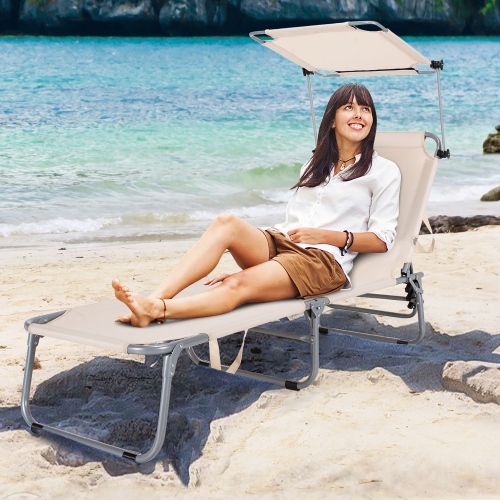 Costway Foldable Lounge Chair Outdoor Adjustable Beach Patio Pool Recliner W/Sun Shade