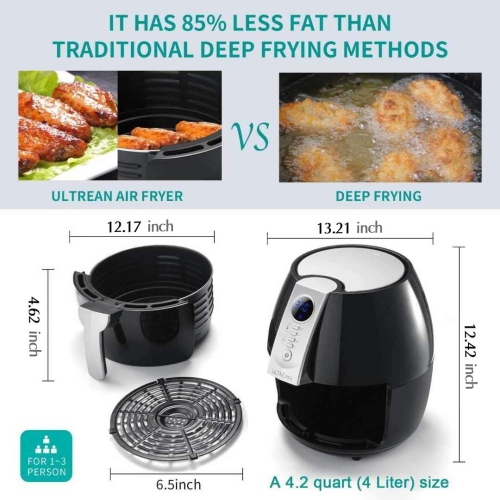 Ultrean Air Fryer, 4.2 Quart Electric Hot Air Fryers Oven Oilless Cooker with LCD Digital Screen and Nonstick Frying Pot, UL Certified,1-Year