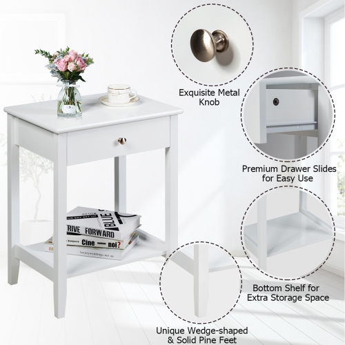 Gymax 2PCS Nightstand Sofa Side End Table Bedroom Living Room w/ Shelf Drawer White