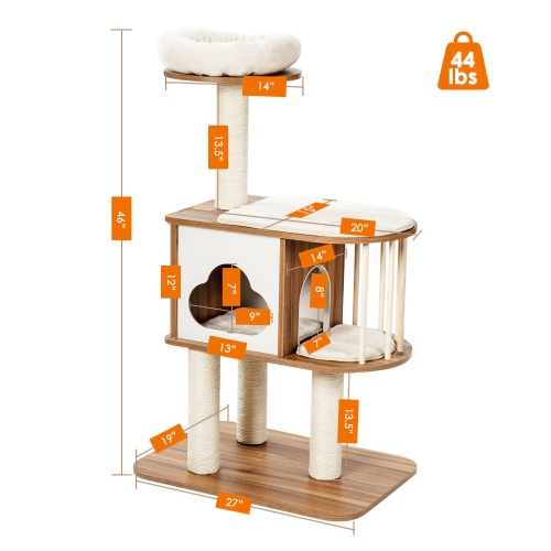Gymax 46'' Modern Wooden Cat Tree with Platform & Washable Cushions for Kittens & Cats