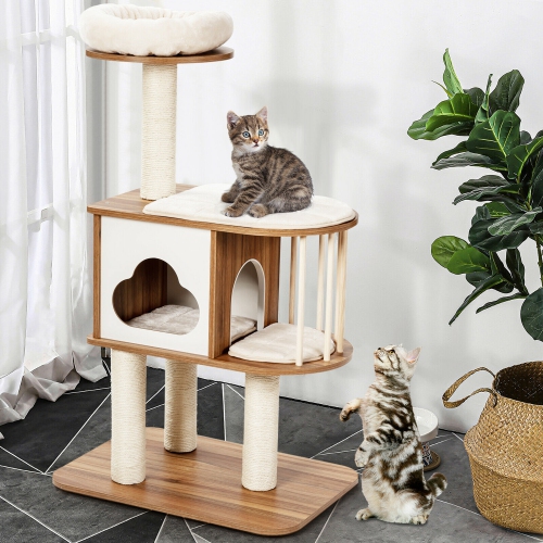 Gymax 46'' Modern Wooden Cat Tree with Platform & Washable Cushions for Kittens & Cats