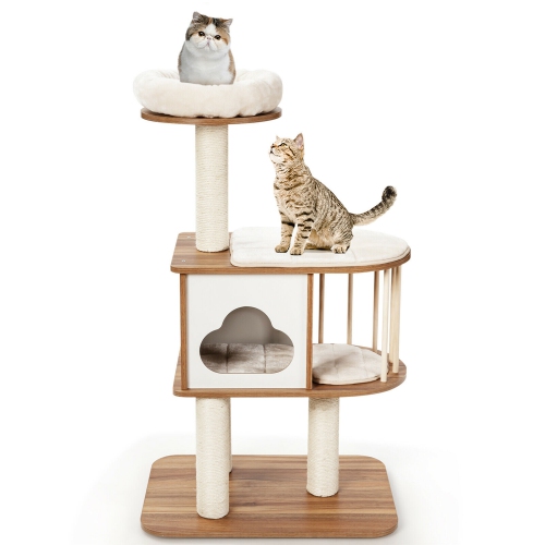 Gymax 46'' Modern Wooden Cat Tree with Platform & Washable Cushions for Kittens & Cats