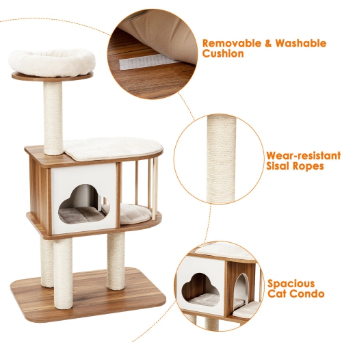 Gymax 46'' Modern Wooden Cat Tree with Platform & Washable Cushions for Kittens & Cats