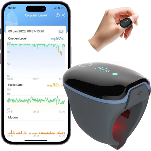 LOOKEE® O2Ring Sleep Oxygen Monitor | Overnight Track Oxygen Level & Heart Rate with Vibration Alert on Finger