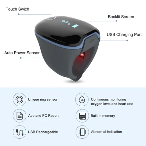 LOOKEE® O2Ring Sleep Oxygen Monitor | Overnight Track Oxygen Level & Heart Rate with Vibration Alert on Finger