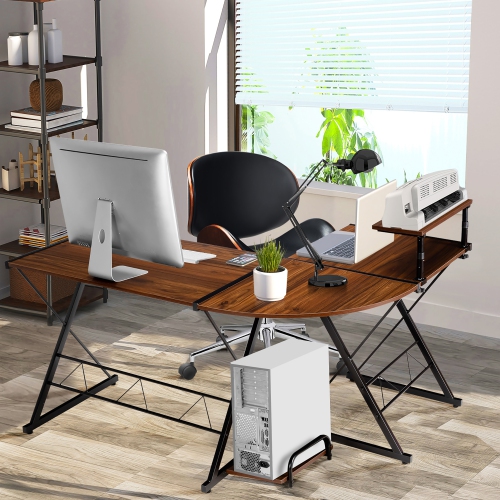 Costway 58'' x 44'' L-Shaped Gaming Desk with Monitor Stand & Host Tray– Dark Wood